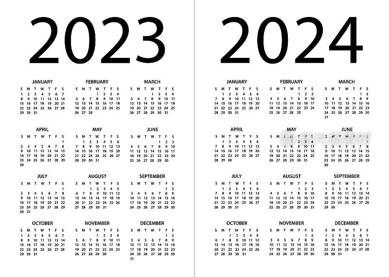 日历2023 2024 -矢量插图。一周从周日开始